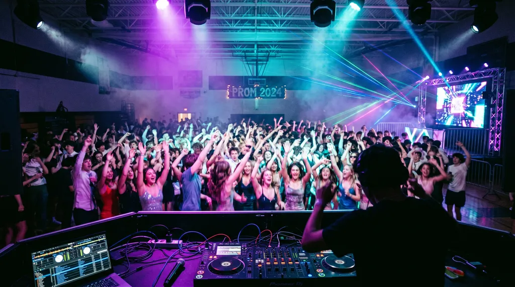 A high school prom dance floor packed with cheering students under purple and cyan stage lights